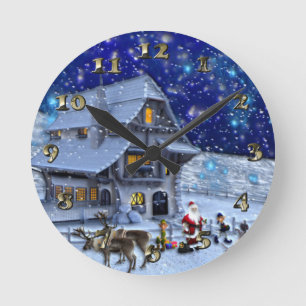 Santa Rudolph Elf with Sled Runde Wanduhr