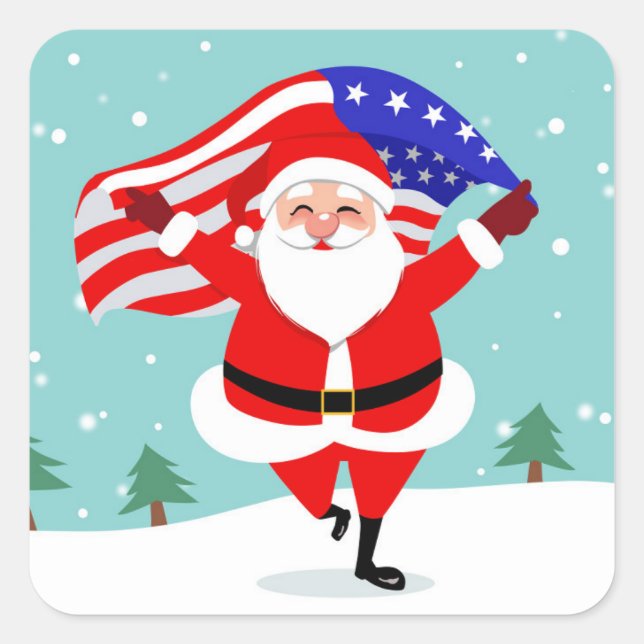 Santa Running with american flag Quadratischer Aufkleber (Vorderseite)