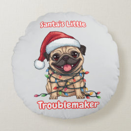 Santa’s Little Troublemaker Pug Round Pillow Rundes Kissen
