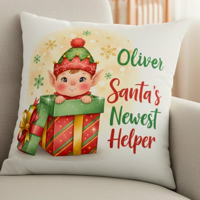 Santa’s Newest Helper Christmas Cute Elf Gift Box Kissen (Von Creator hochgeladen)