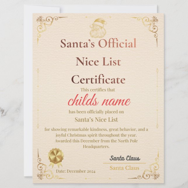 Santa’s Nice List Certificate   Briefbogen (Vorderseite)