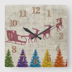 Santa’s Sleigh and Colorful Trees Quadratische Wanduhr