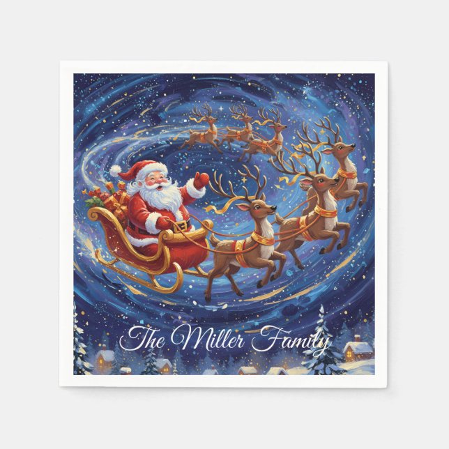 Santa’s Sleigh Night Sky Paper Napkin – Customizab Serviette (Vorderseite)