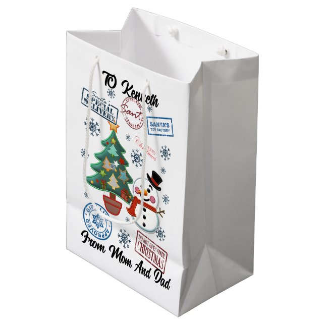 Santa Sack mit dem Holiday Snowman Mittlere Geschenktüte (Vorderseite Schrägansicht)