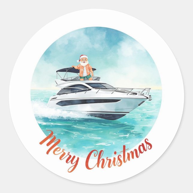 Santa Sailing – Tropical Christmas by the Sea Runder Aufkleber (Vorderseite)