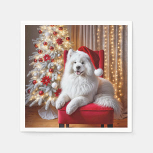 Santa Samoyed Hund auf einem roten Stuhl Serviette