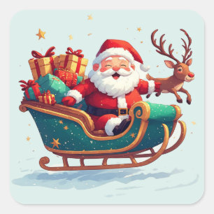 Santa-Schlitten-Winter-Weihnachtsszene-Geschenkide Quadratischer Aufkleber
