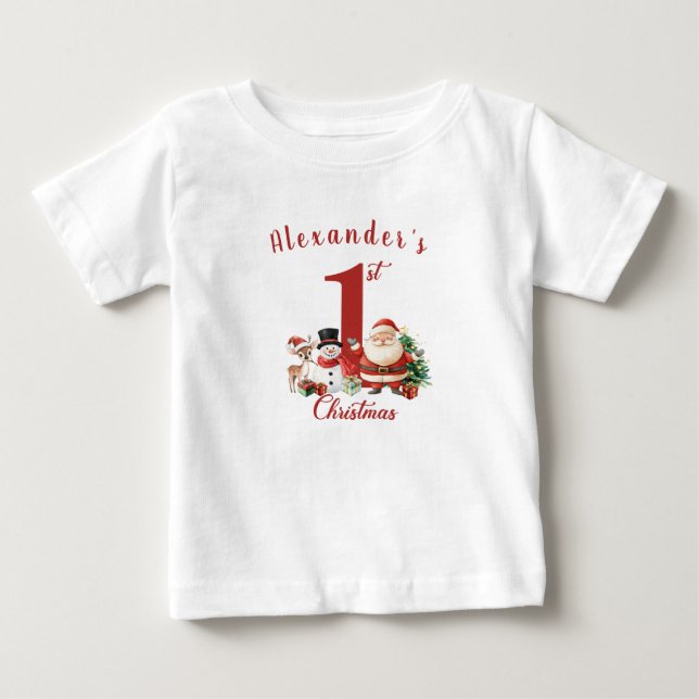 Santa, Schneemann, Reh Baby's First Christmas Baby T-shirt (Vorderseite)