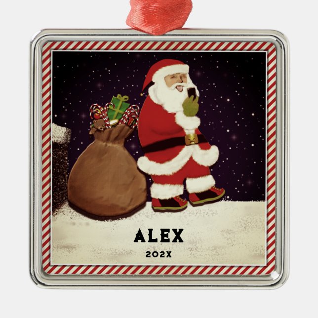 Santa Selfie Silbernes Ornament (Vorne)
