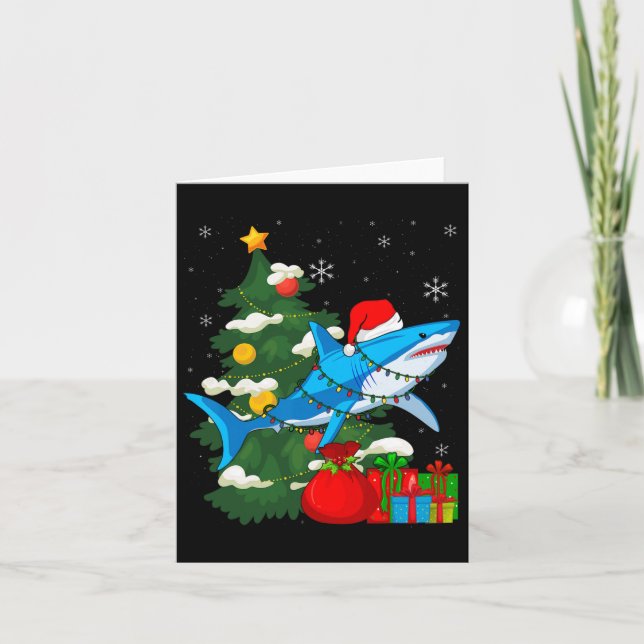 Santa Shark Christmas Lights Sharkmas Tree Xmas Bo Karte (Vorderseite)