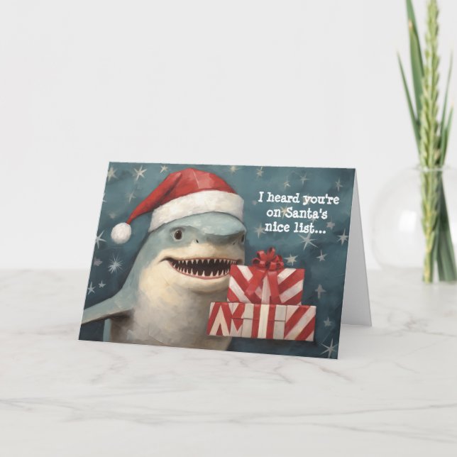 Santa Shark Nice Liste Weihnachten Karte (Vorderseite)