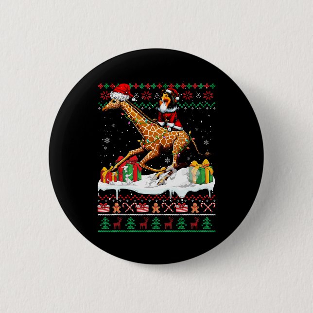 Santa Sheltie Riding Giraffe Weihnachts Sweater Lo Button (Vorderseite)