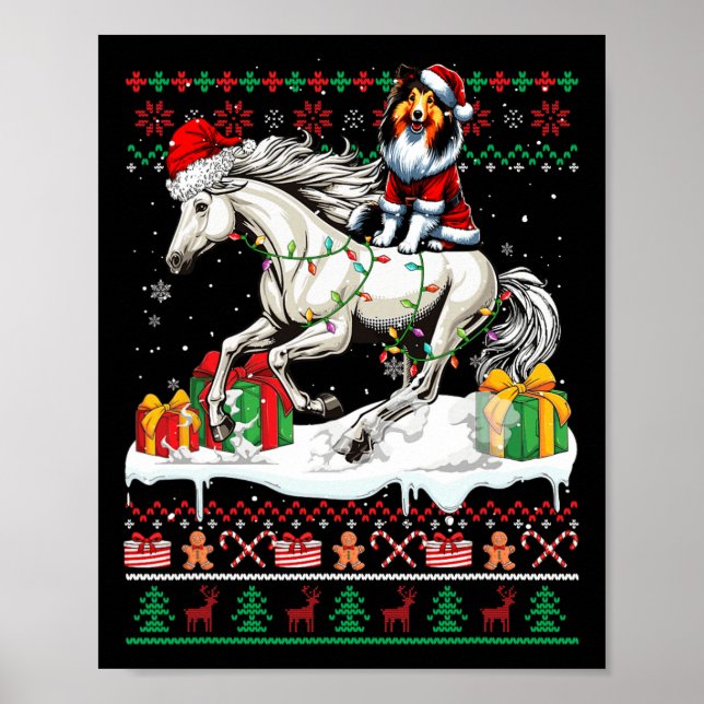 Santa Shetland Sheepdog Reiten Weihnachtsfest Poster (Vorne)