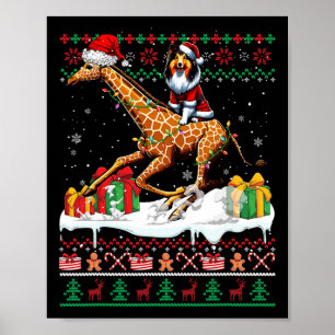 Santa Shetland Sheepdog Riding Giraffe Weihnachten Poster