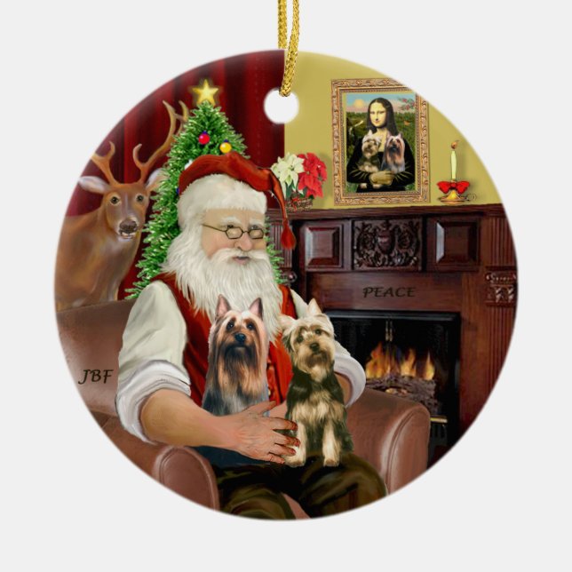 Santa - Silky Terriers (ZWEI) Keramikornament (Vorne)