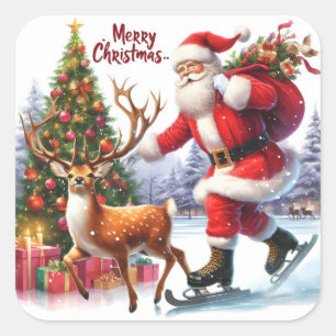 Santa Skate mit Rentier by Tree Quadratischer Aufkleber