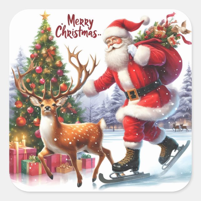 Santa Skate mit Rentier by Tree Quadratischer Aufkleber (Vorderseite)