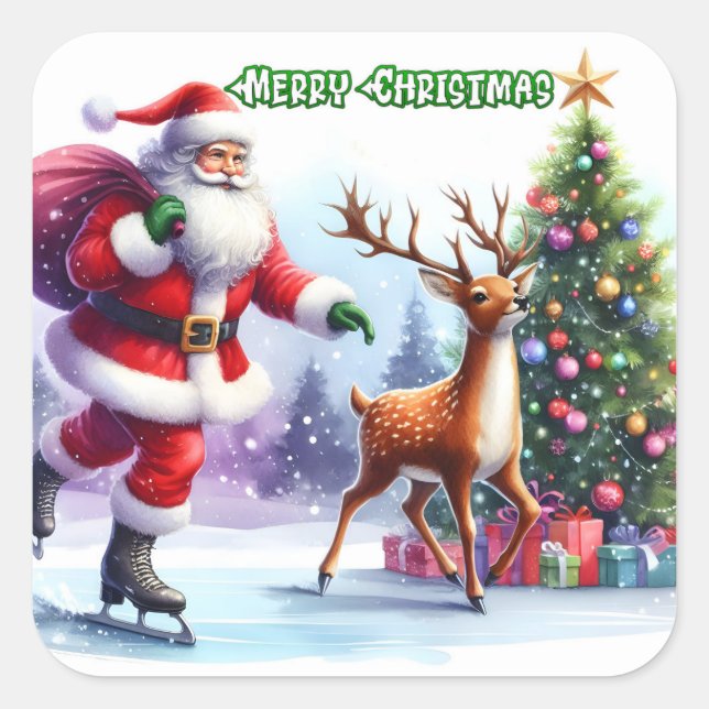 Santa Skate mit Rentier by Tree Quadratischer Aufkleber (Vorderseite)