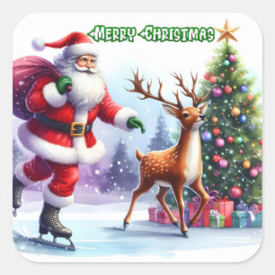 Santa Skate mit Rentier by Tree Quadratischer Aufkleber