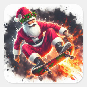 Santa Skateboarding Tricks im Freien Quadratischer Aufkleber