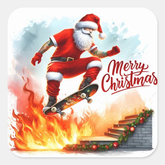 Santa Skateboards über Feurgelenke Quadratischer Aufkleber (Vorderseite)