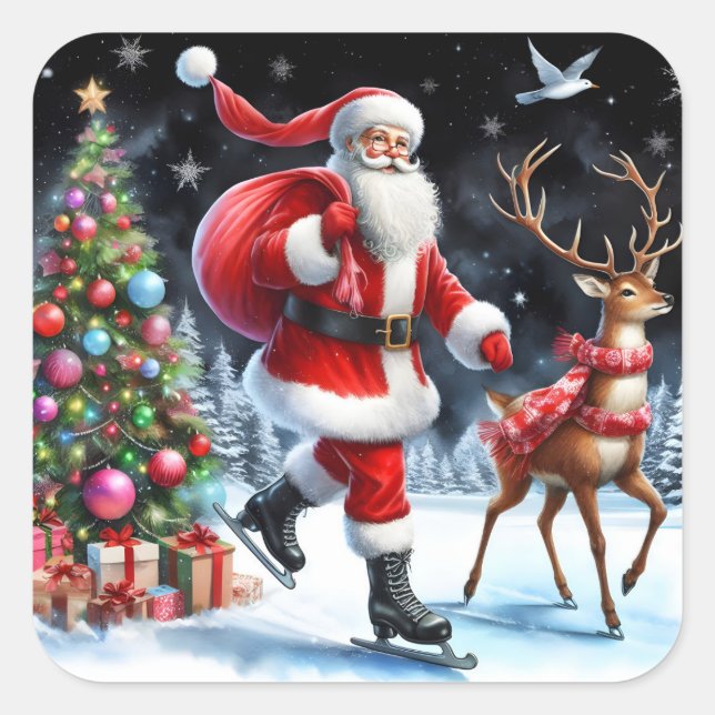 Santa Skaten mit einem Rentier von Baum Quadratischer Aufkleber (Vorderseite)