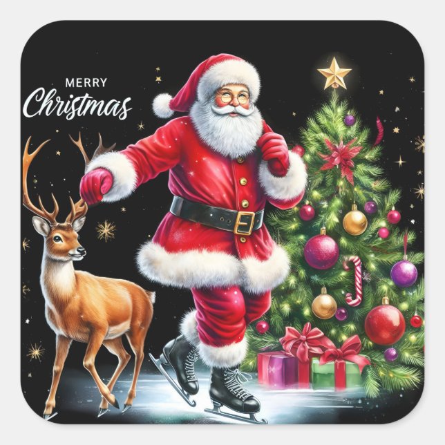 Santa Skaten mit Rentier by Tree Quadratischer Aufkleber (Vorderseite)
