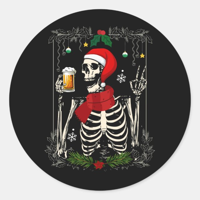 Santa Skeleton Drinking Bier Retro Frohe Weihnacht Runder Aufkleber (Vorderseite)