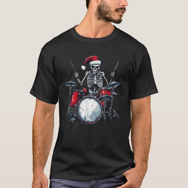 Santa Skeleton Drum Percussionist Drummer T-Shirt (Vorderseite)