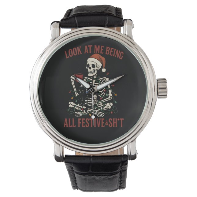 Santa Skeleton with Cat Holiday Snark Armbanduhr (Vorderseite)