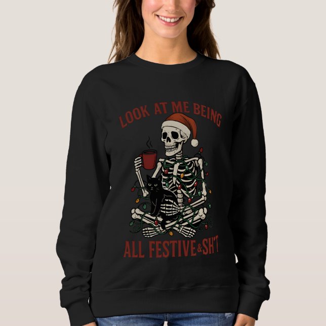 Santa Skeleton with Cat Holiday Snark Sweatshirt (Vorderseite)