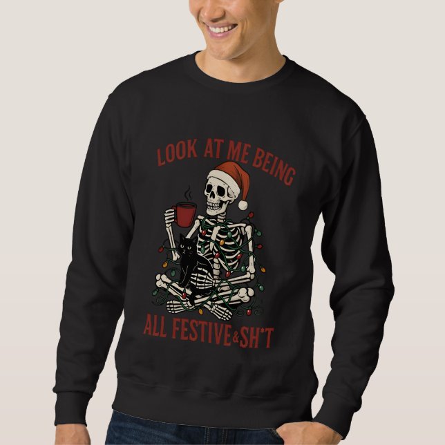 Santa Skeleton with Cat Holiday Snark Sweatshirt (Vorderseite)