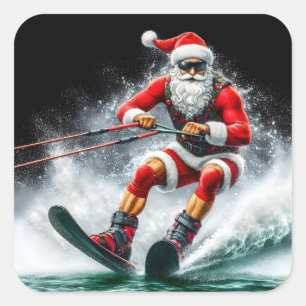 Santa Ski über Wellen während der Feriensaison Quadratischer Aufkleber