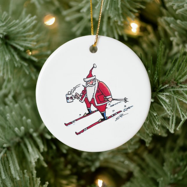 Santa Skiing round ceramic ornament (Baum)