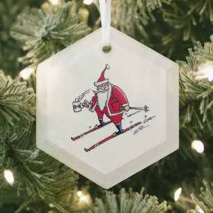 Santa-Skiing-Sechseck-Glasornament Ornament Aus Glas