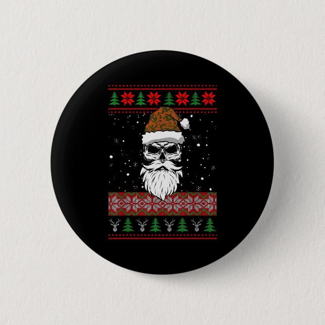 Santa Skull Ugly Christmas Sweater Camo Aesthetic  Button (Vorderseite)
