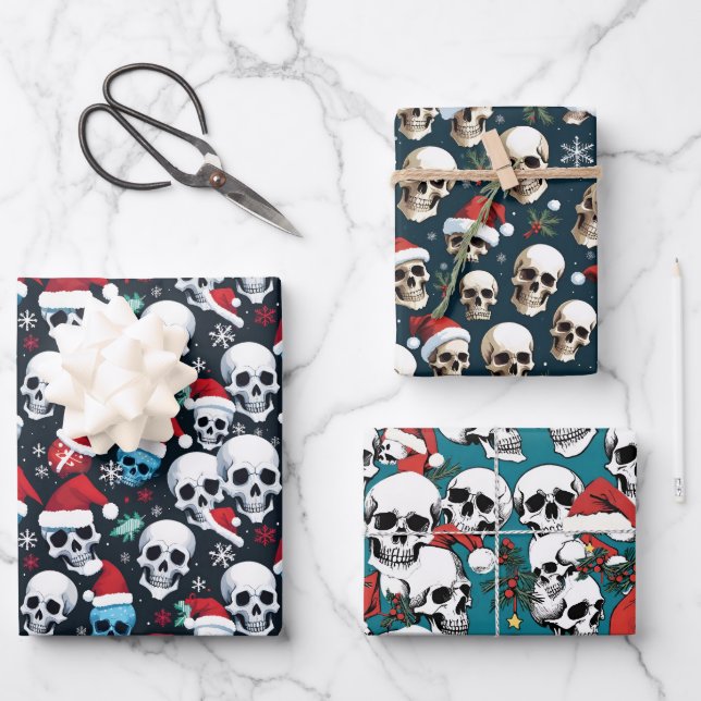 Santa Skulls Weihnachten Geschenkpapier Set (Vorderseite)