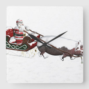Santa Sled Pulled By Hippopotamus Quadratische Wanduhr