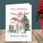 Santa Sleigh and Gnome Gonk Cute Personalized Kids Feiertagskarte<br><div class="desc">Personalized Christmas Card for kids with fully editable writing inside and out,  in whimsical typography. This cute design features a watercolor illustration of Santa with a sledge of gifts,  a gonk gnome,  reindeer moose and decorated Christmas tree. Please browse my store for coordinating gift wrap,  tags and stickers.</div>