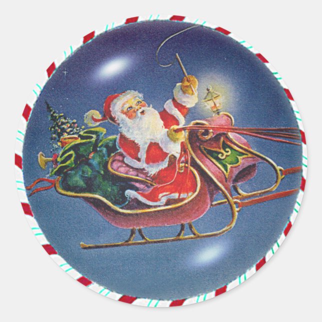 SANTA, SLEIGH & CANDY CANE WREATH by SHARON SHARPE Runder Aufkleber (Vorderseite)