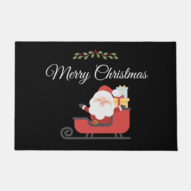 Santa Sleigh Holly Berry Merry Christmas Red Green Fußmatte (Vorderseite)