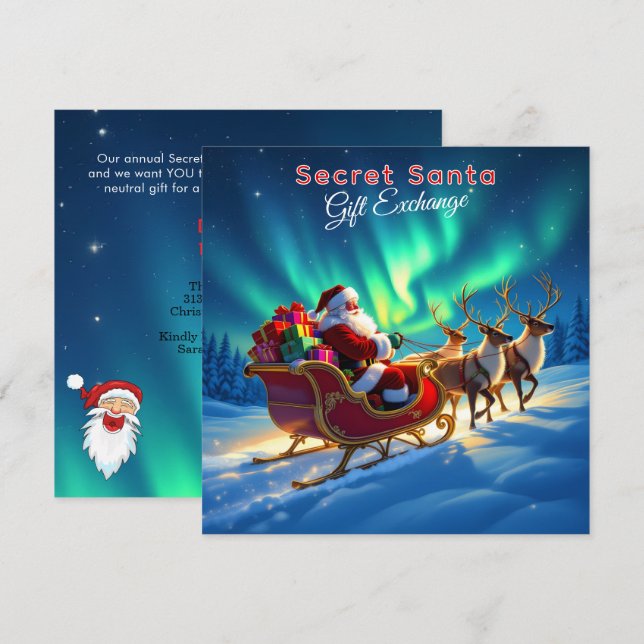 Santa Sleigh & Northern Lights Secret Santa Party Einladung (Vorne/Hinten)