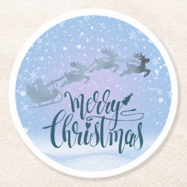 Santa Sleigh & Reindeer Merry Christmas Runder Pappuntersetzer
