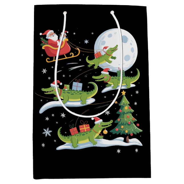 Santa Sleigh Riding Alligator Christmas Funny Xmas Mittlere Geschenktüte (Vorderseite)