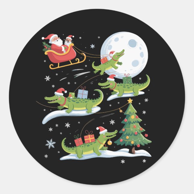 Santa Sleigh Riding Alligator Christmas Funny Xmas Runder Aufkleber (Vorderseite)