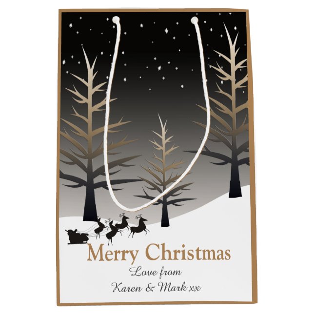 Santa Sleigh & Tree Silhouette Personalisiert Mittlere Geschenktüte (Vorderseite)
