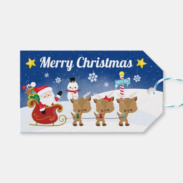 Santa Sleigh und Reindeer Night Sky Weihnachtsgesc Geschenkanhänger (Vorderseite (Horizontal))