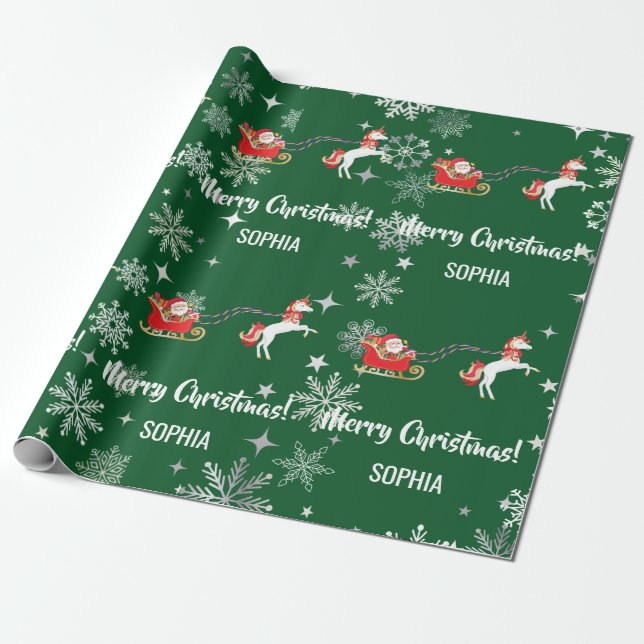 Santa Sleigh Unicorn Snowflakes Personalized Name Geschenkpapier (Ungerollt)