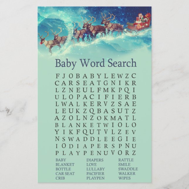 Santa Sleigh Weihnachts-Kinderdusche Word-Suche (Vorderseite)