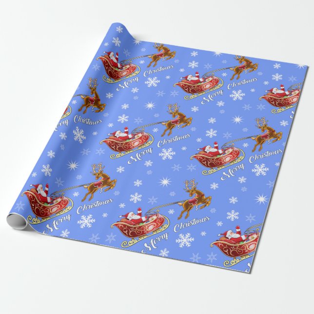 Santa & Sleigh Wrapping Paper. Mattblau Geschenkpapier (Ungerollt)
